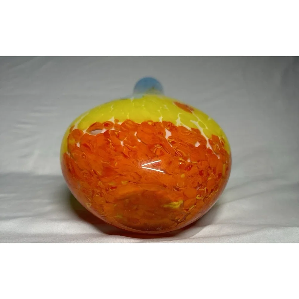 MCM Large Vintage Italian Art Glass Vase blue Yellow‎ Orange Fire & Water flame